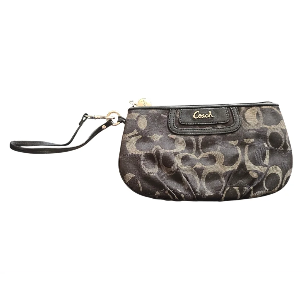 Coach Signature Sateen Pleated Black Gray Tan Wristlet